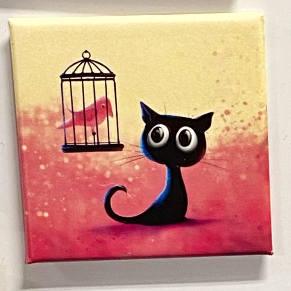 Quadratischer Magnet „Katze mit Vogel“