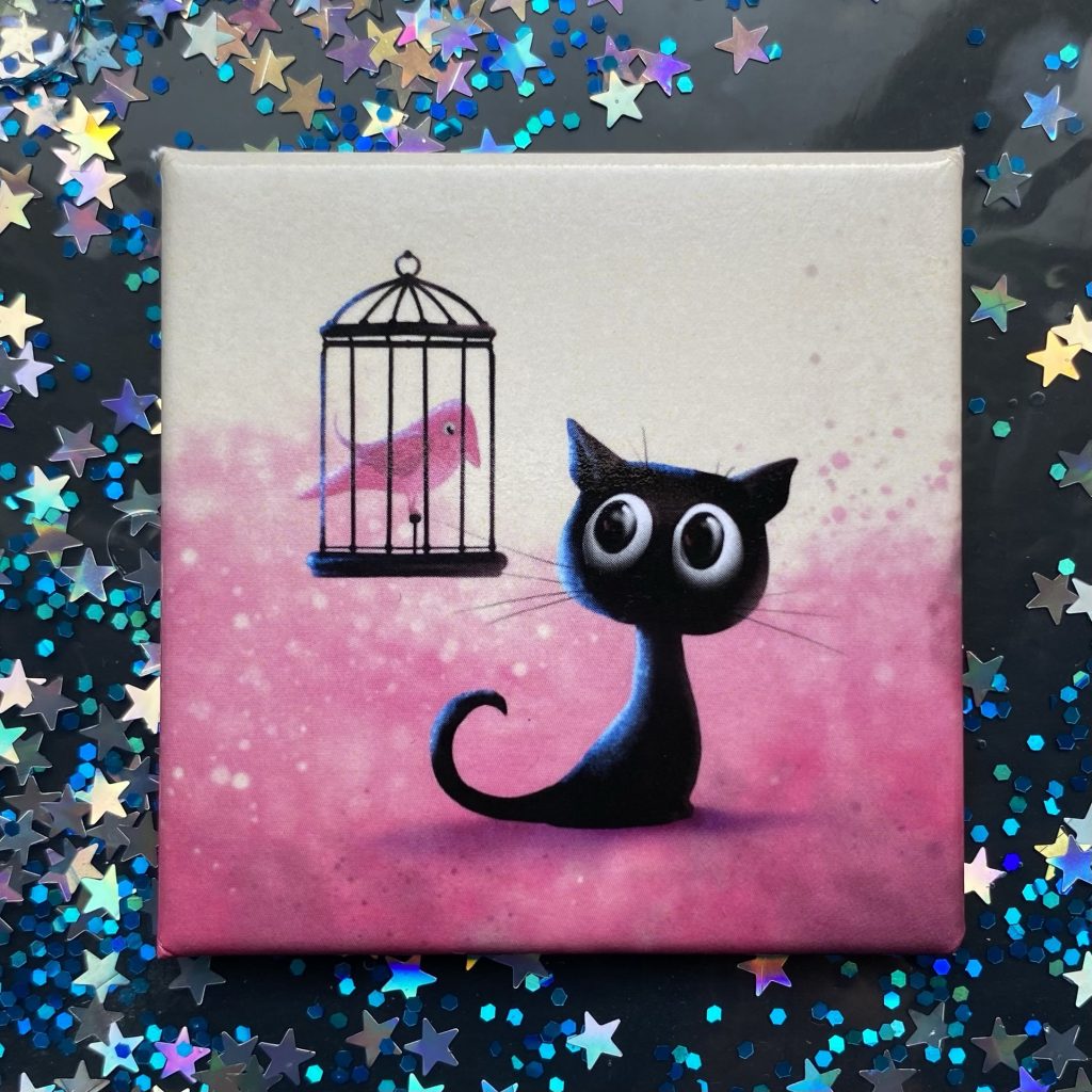 Quadratischer Magnet „Katze mit Vogel“