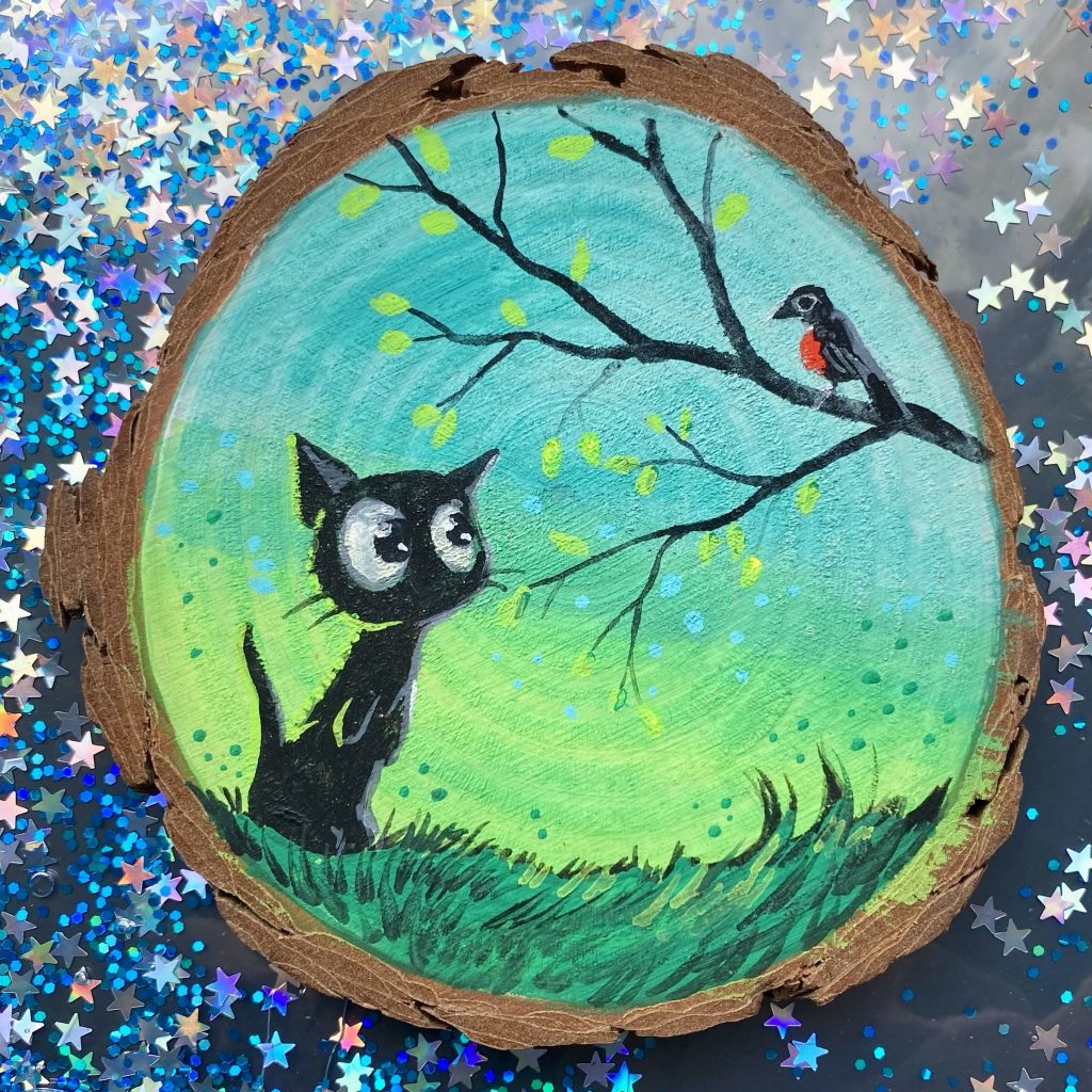 Holzscheibe handbemalt „Rotkehlchen im Baum”