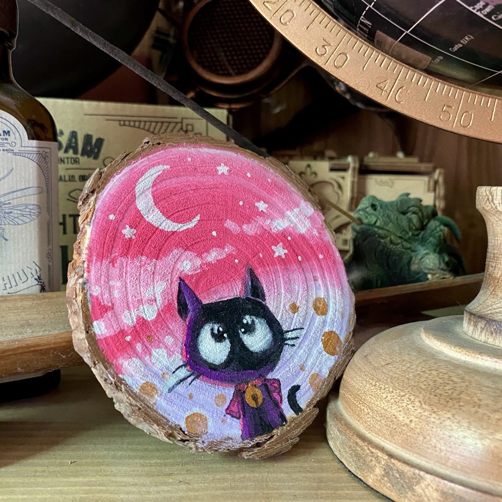 Holzscheibe handbemalt „Mond Katze ”